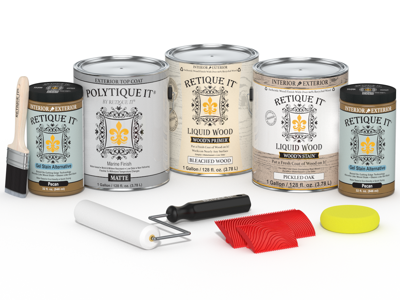 Multi-purpose Wood'n Kit in white oak finish with matte top coat, includes four large containers for exterior wood finishing by Retique It®.