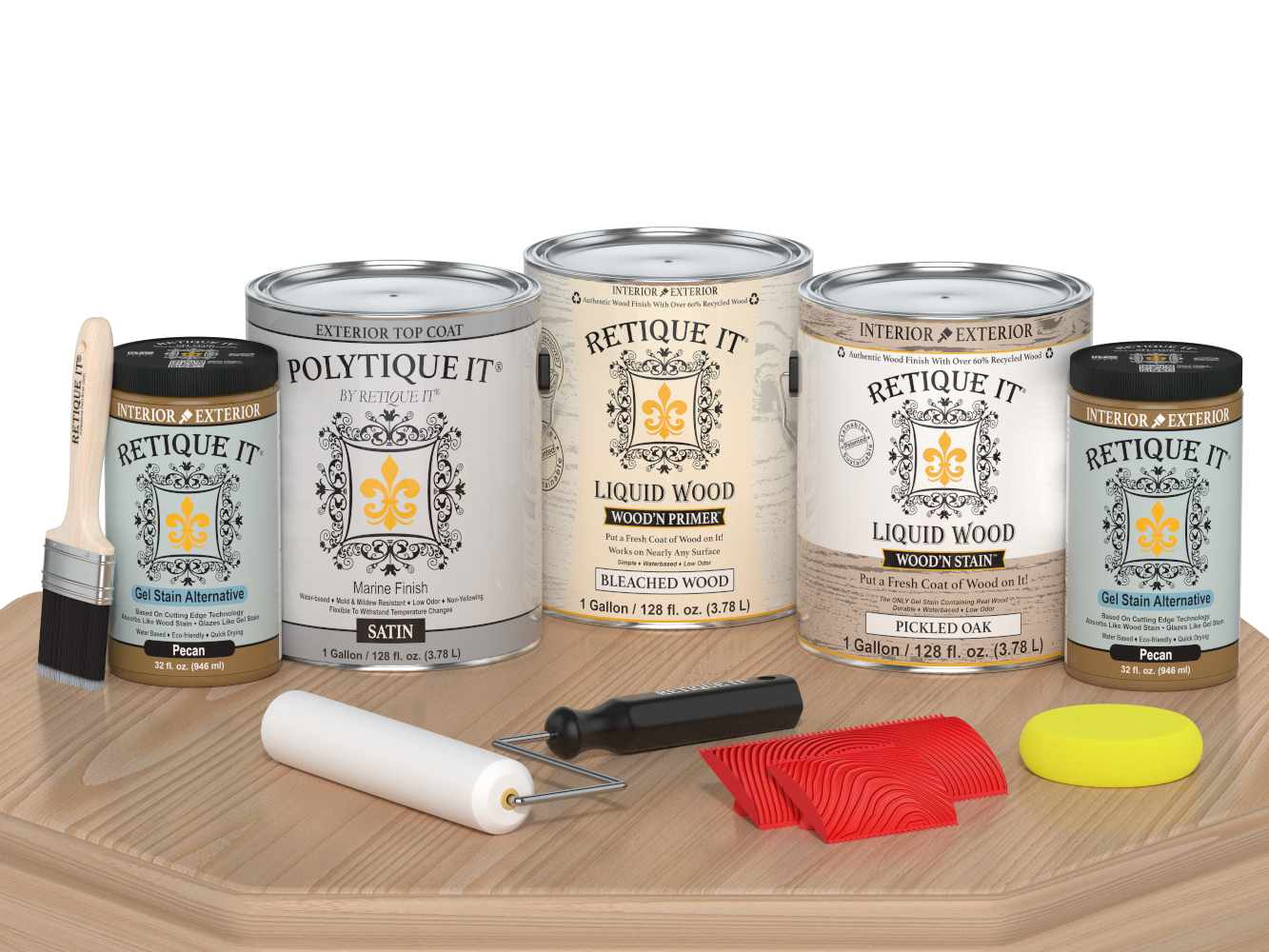 Retique It® White Oak Decking Wood'n Kit stain sample on a table showing satin finish for wooden decking projects.