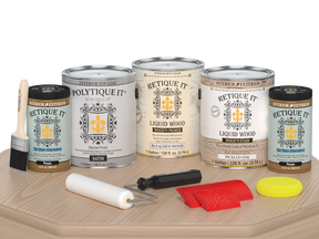 Retique It® Wood'n Finish Kit with satin finish featuring a light oak color, displayed on a wooden table.