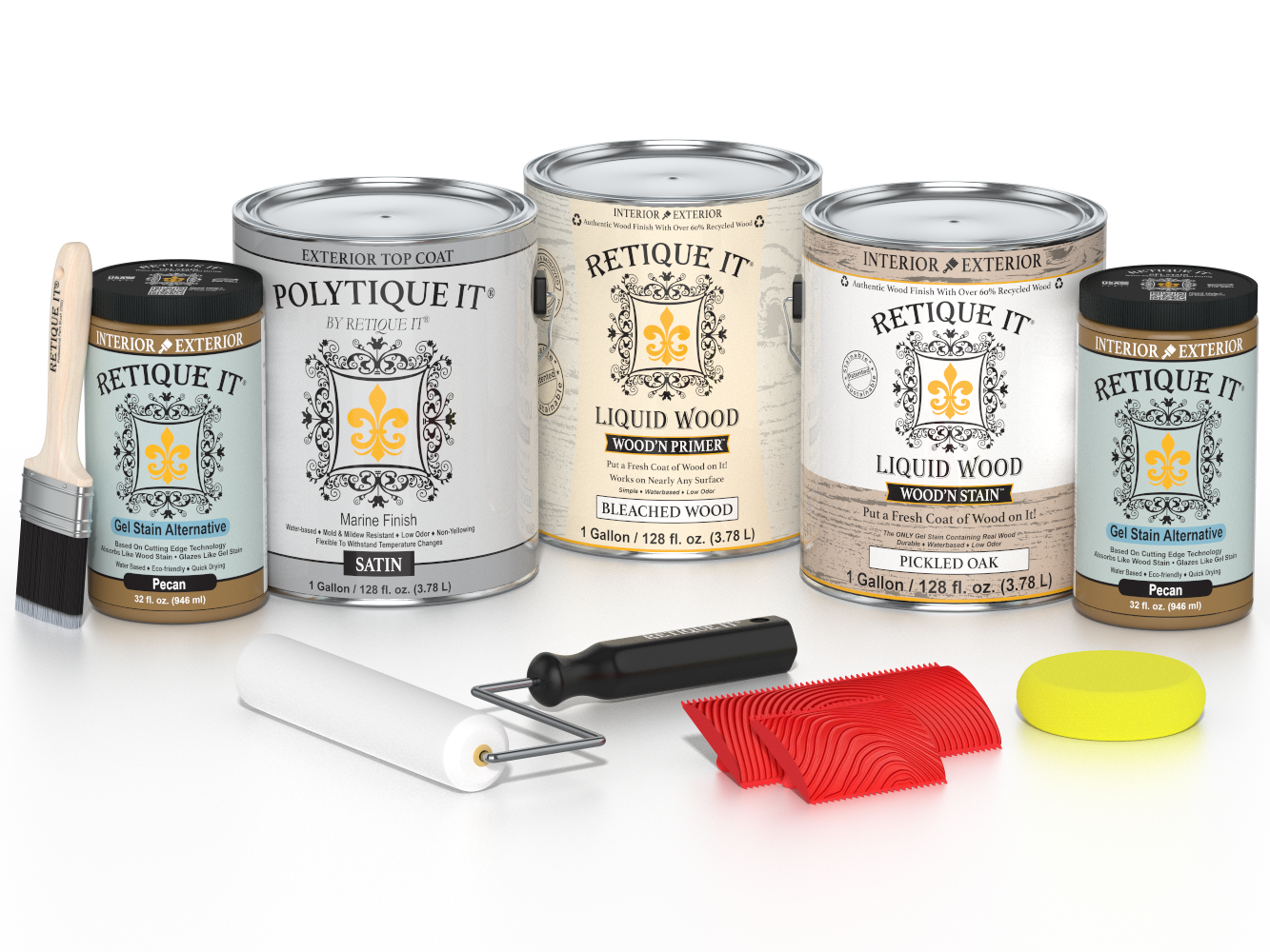 White oak exterior wood finish kit with satin top coat from Retique It®, includes four large wood treatment bottles.