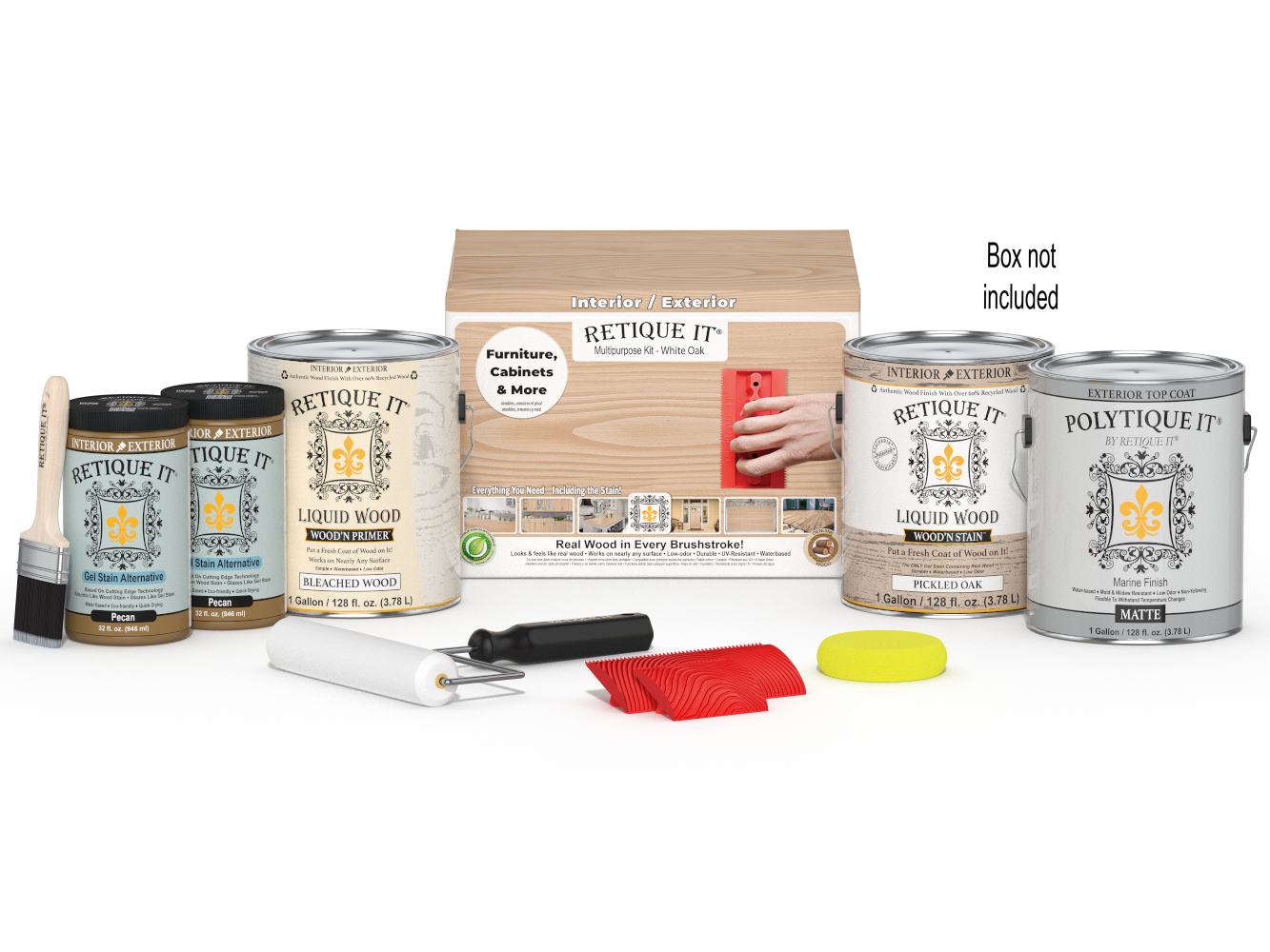 Retique It® Wood'n Finish Kit in Oak with tools and supplies for wood finishing projects.