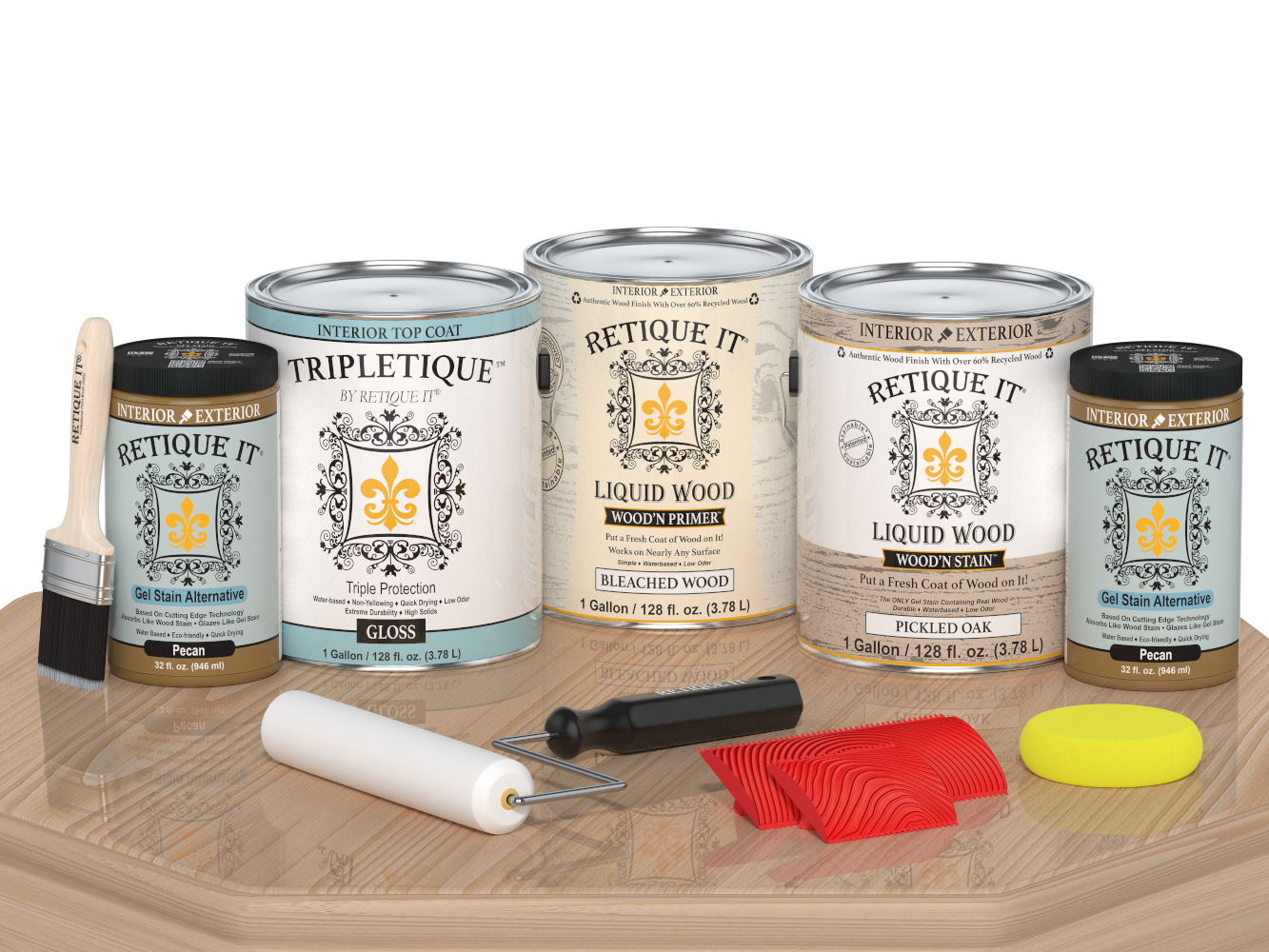 Retique It® Wood'n Cabinet Kit with white oak grain stain, featuring a glossy finish on a cabinet door sample.