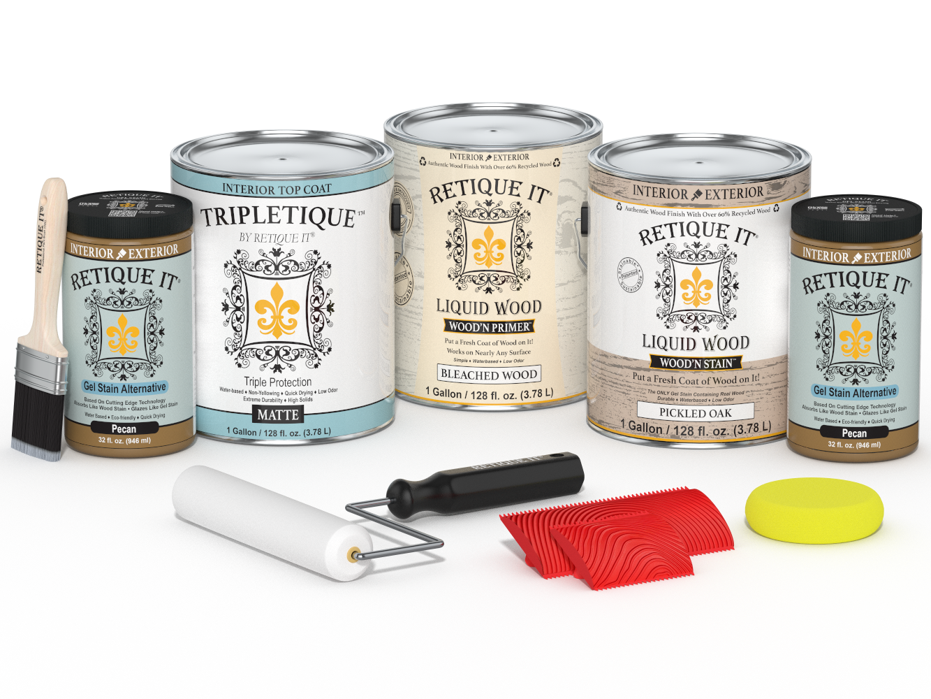 Retique It® Wood'n Kit Multi-purpose finish set with four white oak interior top coats in matte finish, shown in the image.