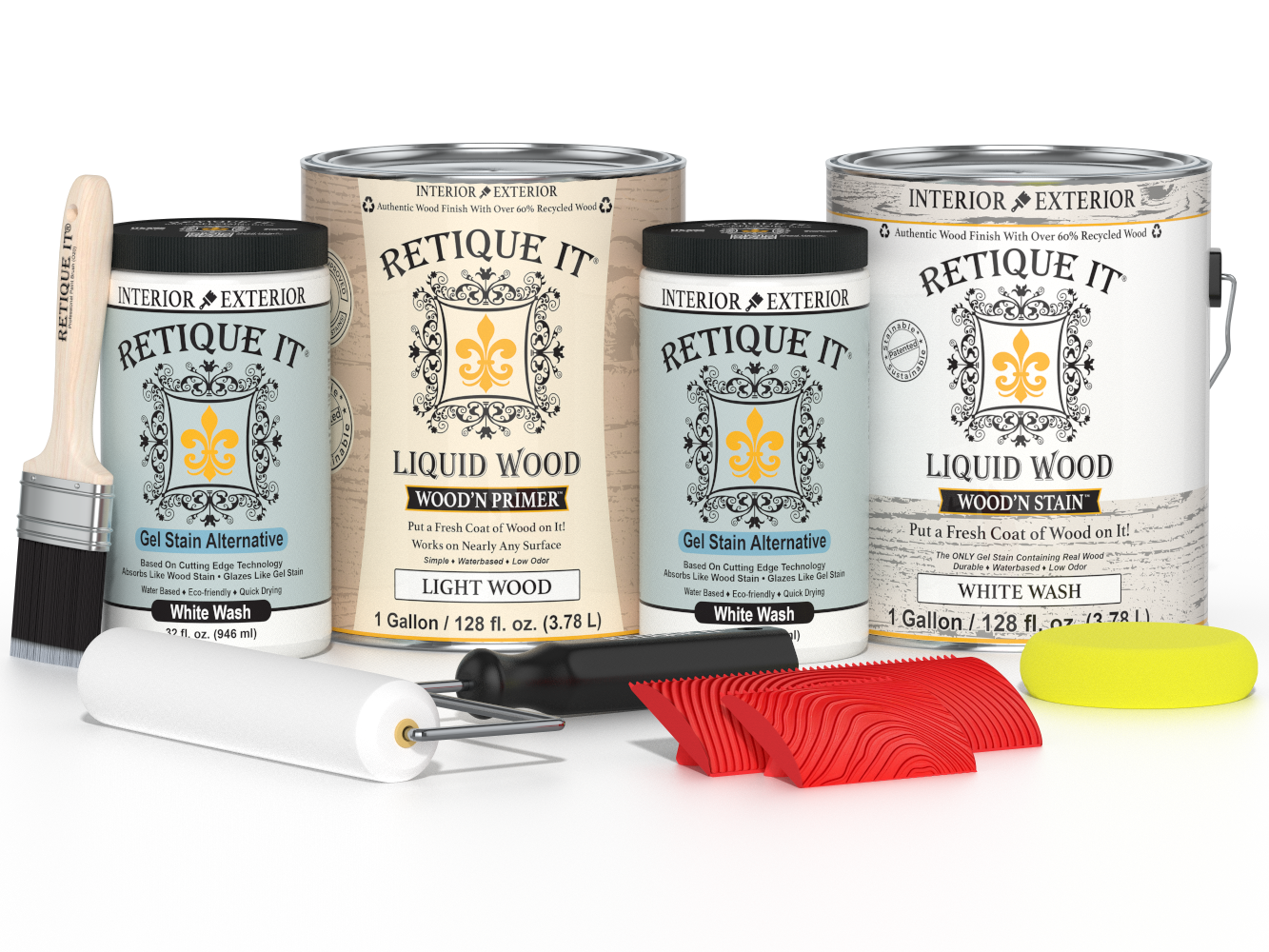 Retique It® Wood'n Finish Kit in white wash, includes four large multi-purpose wood finishing tools and applicators.
