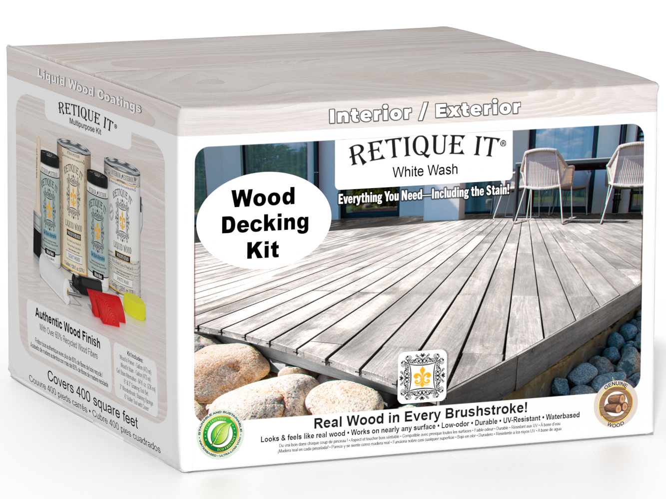 Retique It White Wash decking wood stain kit showing a deck with a white wash finish, highlighting natural wood grain and color.
