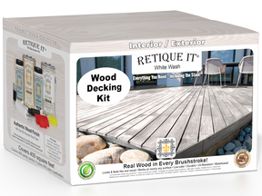 Retique It White Wash decking wood stain kit showing a deck with a white wash finish, highlighting natural wood grain and color.