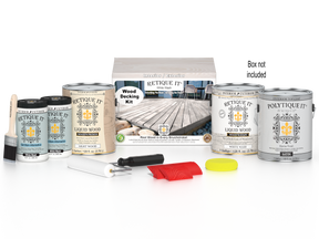 Retique It White Wash decking wood stain kit with stain containers and applicator tools for outdoor decking projects.