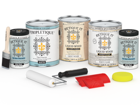 Retique It® Wood'n Kit Multi-purpose wood finish set in white wash with matte top coat, including four large containers.