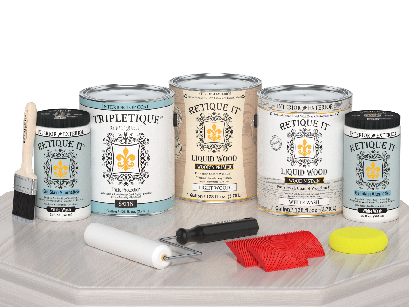 Retique It® Wood'n Kit Multi-purpose White Wash interior top coat with satin finish, shown on a wooden surface.
