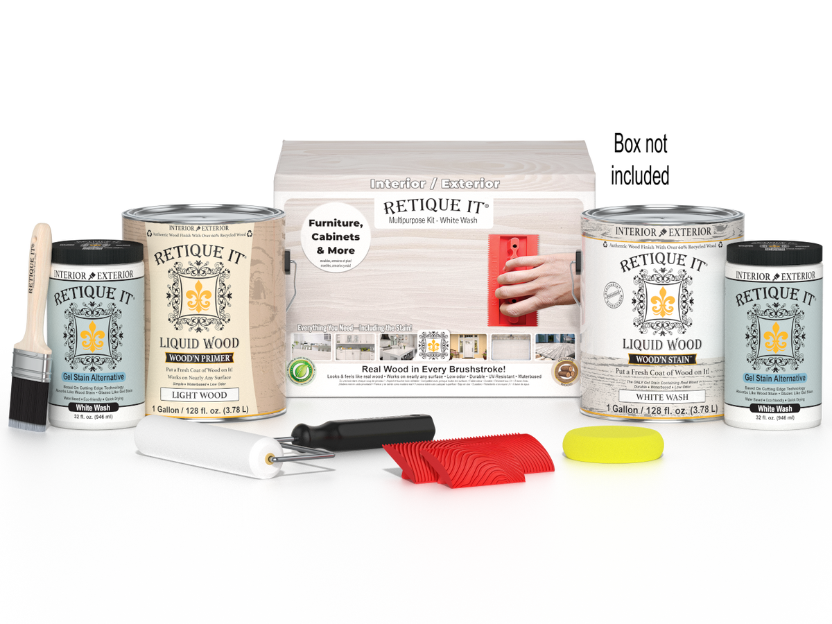 Retique It® Wood'n Finish Kit in White Wash, multi-purpose wood finishing kit with four large containers, shown with packaging.