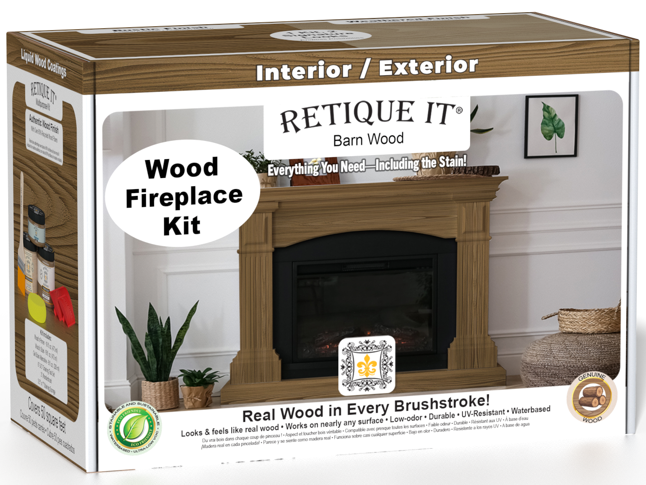 Retique It Fireplace Wood'n Finish Kit in Barn Wood stain for full fireplace, showcasing wood finish and application tools.