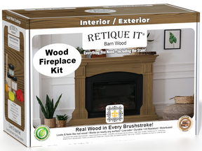 Retique It Fireplace Wood'n Finish Kit in Barn Wood stain for full fireplace, showcasing wood finish and application tools.