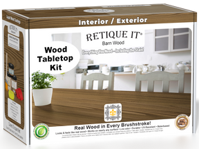 Retique It® Wood'n Finish Kit for tabletops in modern walnut, featuring stain bottles and finishing tools in the kit.