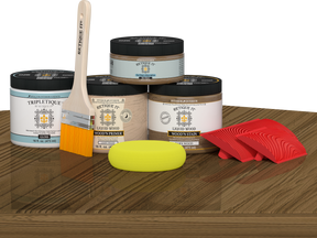 Retique It Wood'n Finish Kit for tabletops, double size in Barn Wood stain, showcasing the stain applied on wood surface.