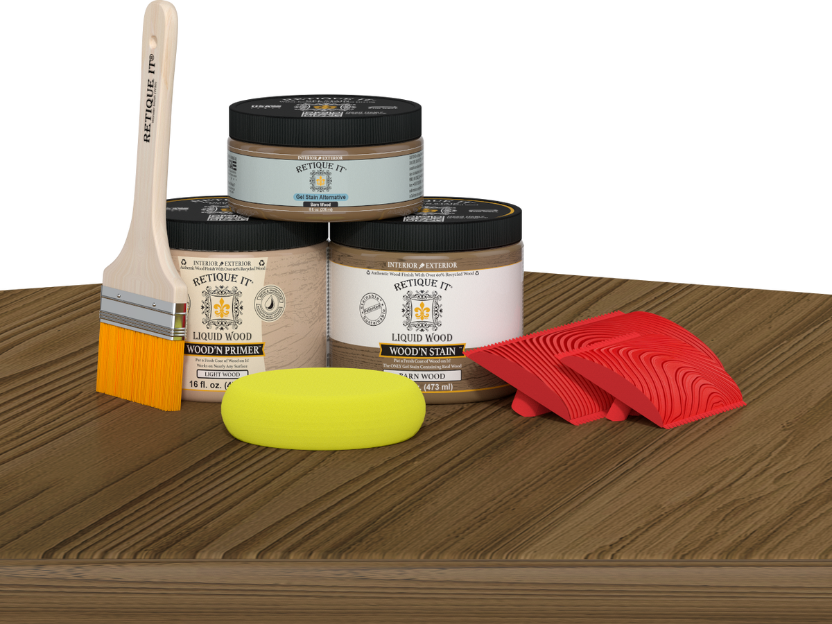 Retique It Fireplace Wood'n Finish Kit for full fireplace, featuring barn wood stain applied to a wooden surface.