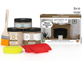 Retique It Fireplace Wood'n Finish Kit in Barn Wood stain, showing a full fireplace with wood finish and staining tools.