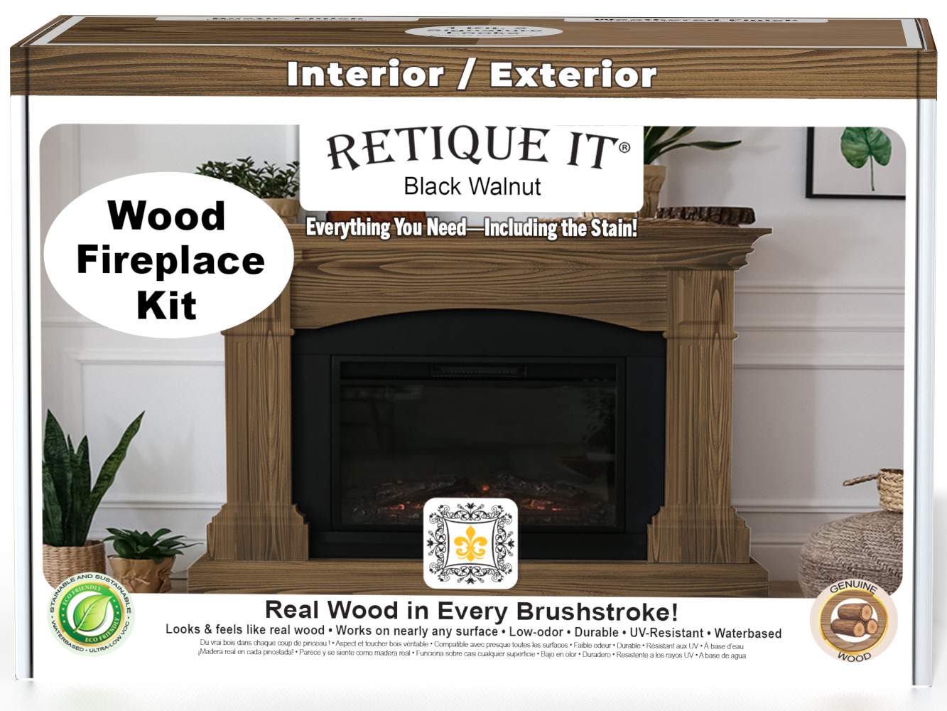 Retique It® Fireplace Wood'n Finish Kit in Black Walnut stain, showing the full boxed set with stain jars and application tools.