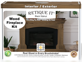 Retique It® Fireplace Wood'n Finish Kit in Black Walnut stain, showing the full boxed set with stain jars and application tools.