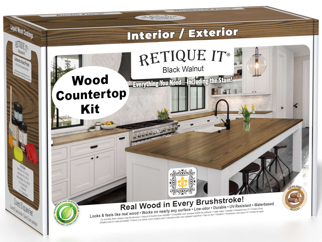 Retique It® black walnut countertop kit for kitchen islands, showing stained wood surface with natural grain and finish.