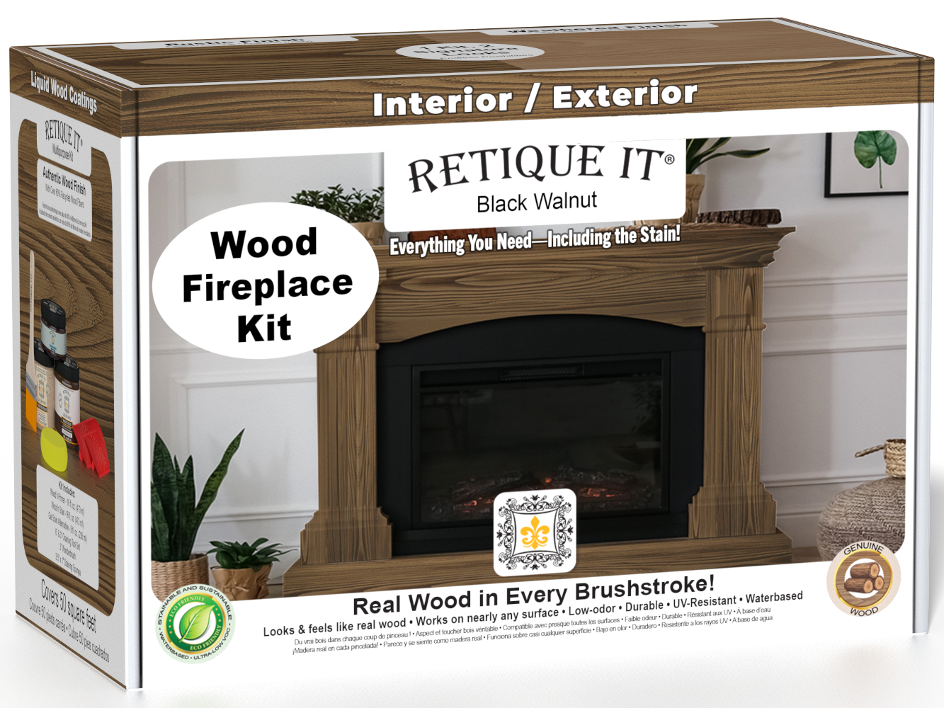 Retique It® Fireplace Wood'n Finish Kit in Black Walnut stain for full fireplaces, featuring stain bottles and application tools.
