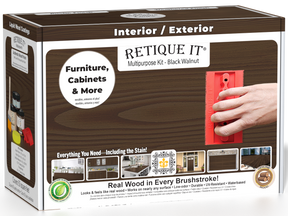 Retique It® Wood'n Kit in black walnut finish, exterior top coat for multi-purpose wood finishing projects, with brushes and accessories.