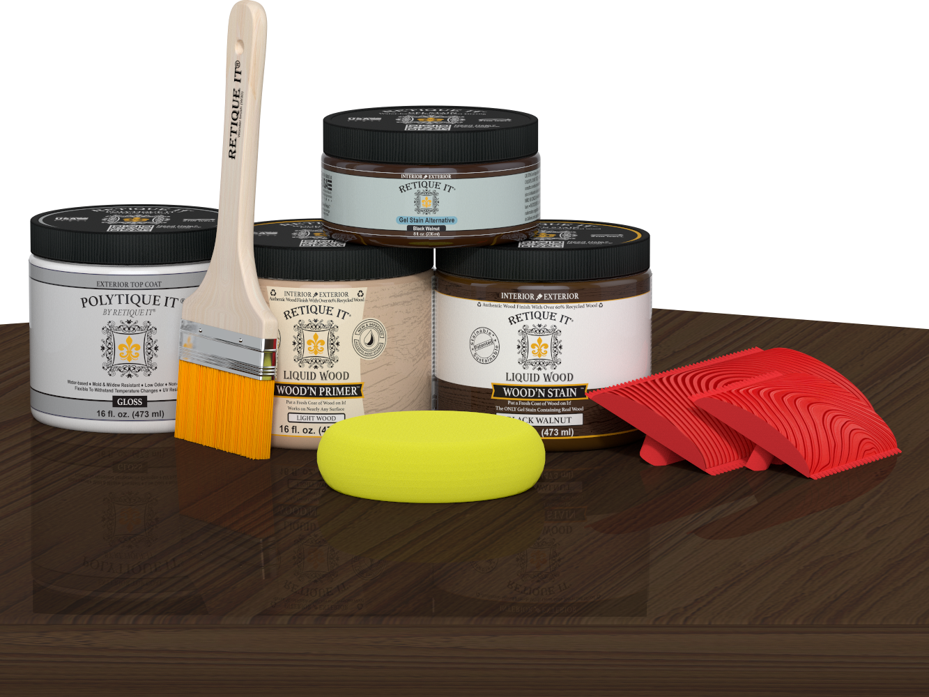Black Walnut Wood'n Finish Kit for exterior use, includes top coat and applicator, displayed on a table.