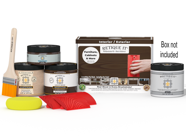 Multi-purpose Wood'n Kit in black walnut finish by Retique It, featuring exterior top coat and wood finishing supplies.