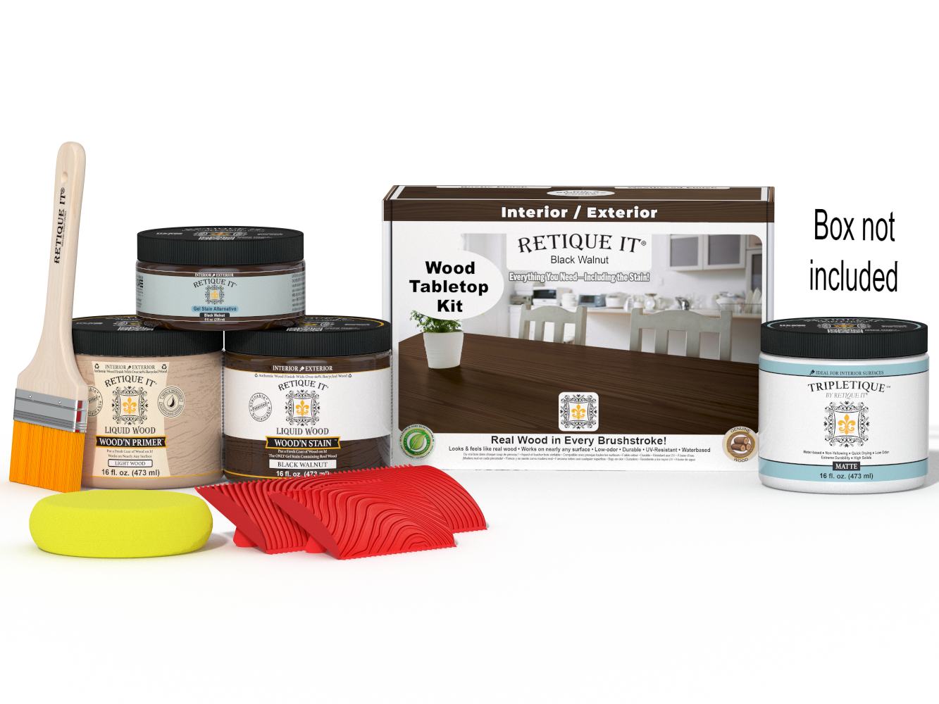Retique It® Wood'n Finish Kit in Black Walnut for tabletops, includes stain bottles and applicator tools.