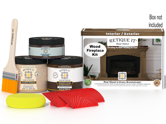 Retique It Wood'n Finish Kit for full fireplace in black walnut stain, includes stain and finishing supplies for wood fireplace.