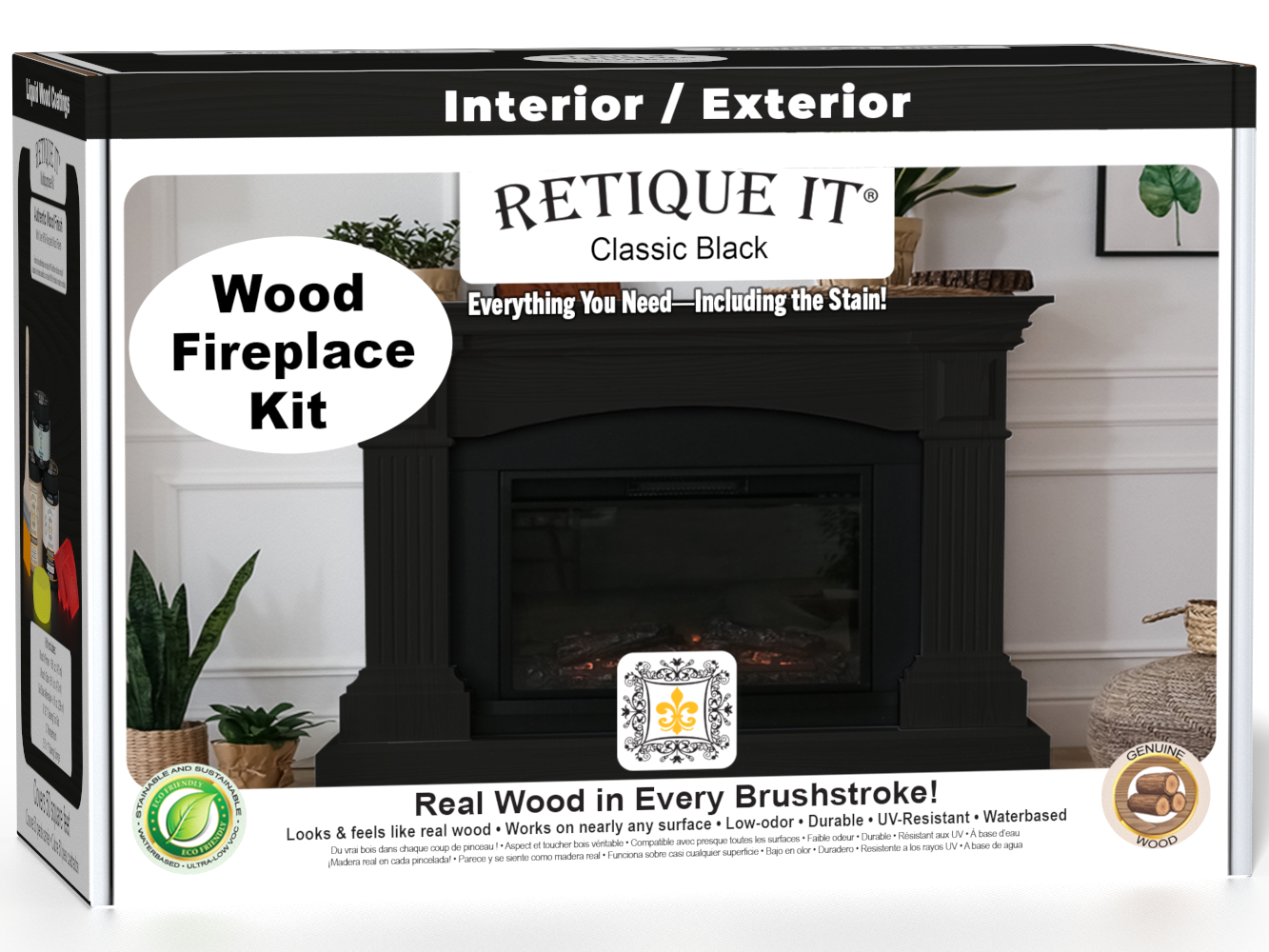 Retique It Fireplace Wood'n Finish Kit in Classic Black, stain set for full fireplace renovation, includes stain bottles and applicators.