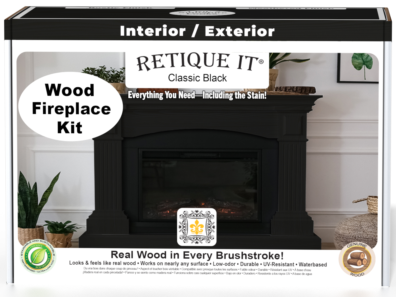 Retique It Fireplace Wood'n Finish Kit in Classic Black, stain set with brushes and applicators for full fireplace renovation.