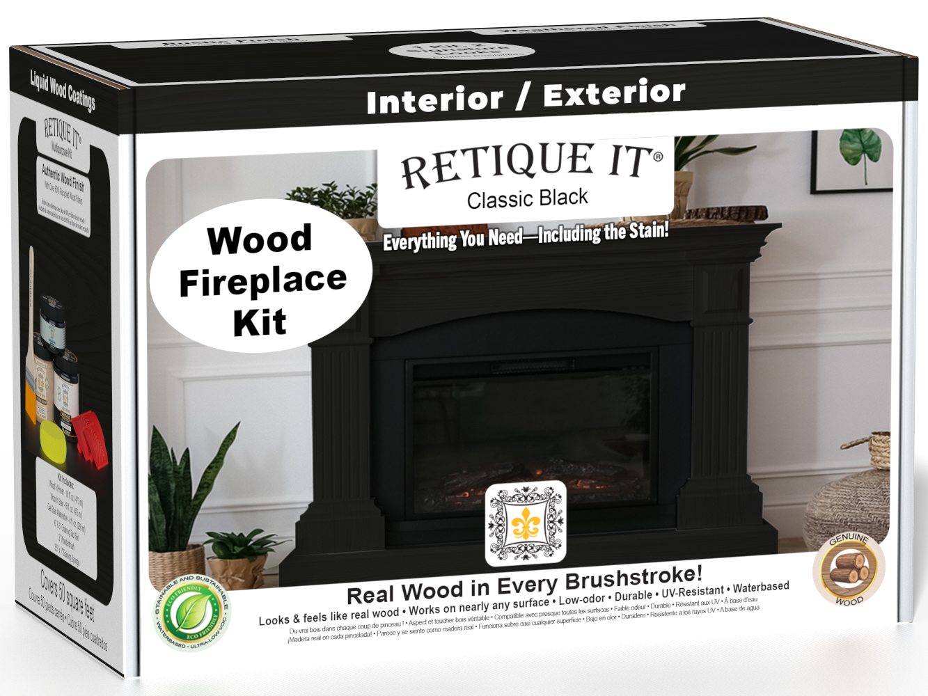 Retique It Fireplace Wood'n Finish Kit in classic black stain with brushes and accessories for full fireplace renovation.