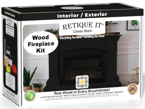 Retique It Fireplace Wood'n Finish Kit in classic black stain with brushes and accessories for full fireplace renovation.