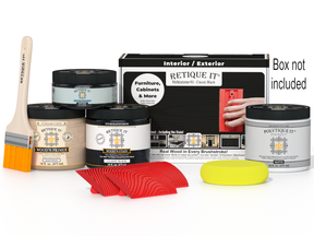 Retique It® Wood'n Finish Kit Medium in Classic Black for exterior wood surfaces, includes top coat and application tools.