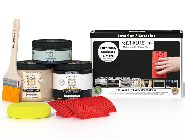 Retique It Wood'n Finish Kit in Classic Black, multi-purpose wood finishing set with brushes and accessories for wood projects.
