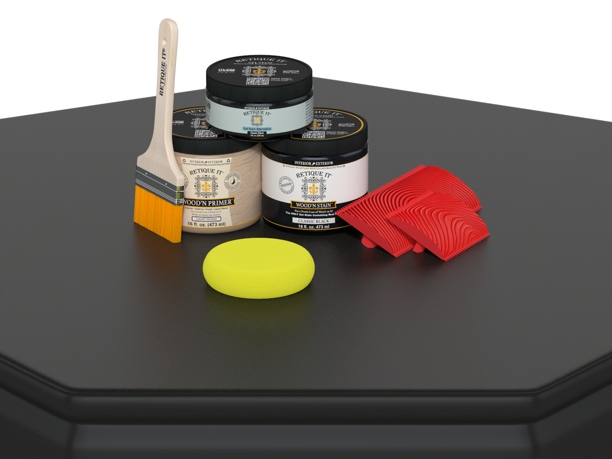 Retique It® black countertop kit for kitchen islands, featuring classic black stains on a smooth surface with wood grain details.