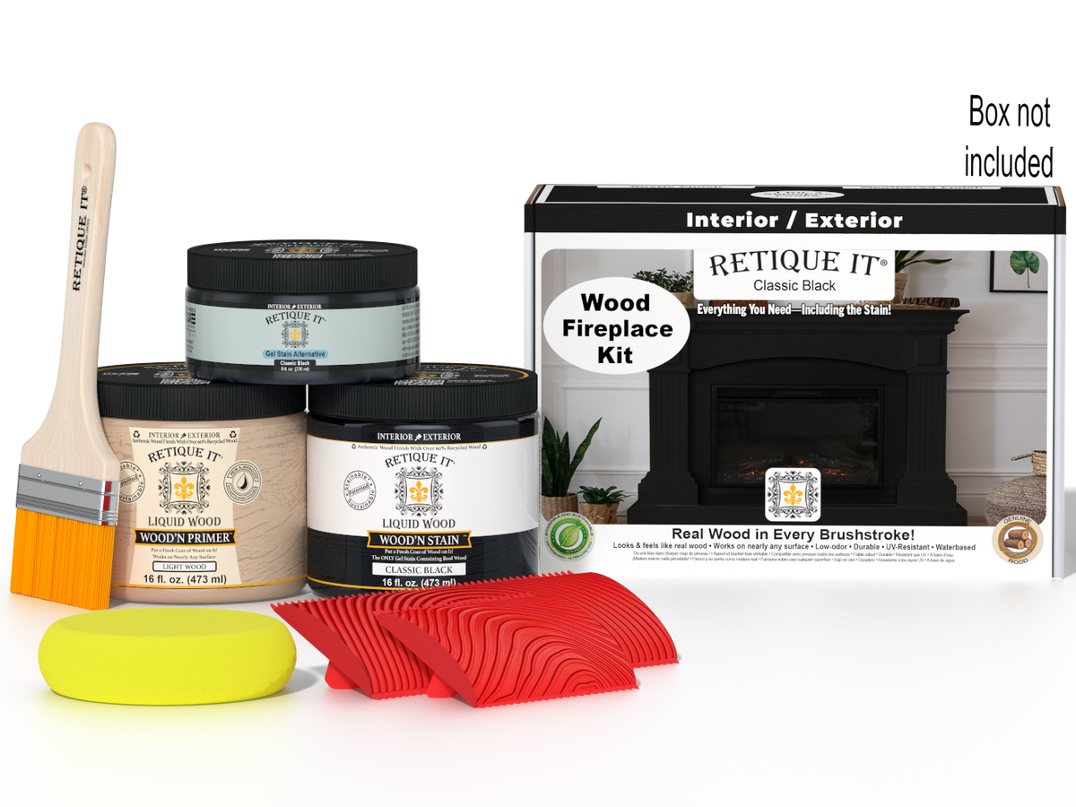 Retique It Fireplace Wood'n Finish Kit in classic black stain, full fireplace kit with stain and application tools.