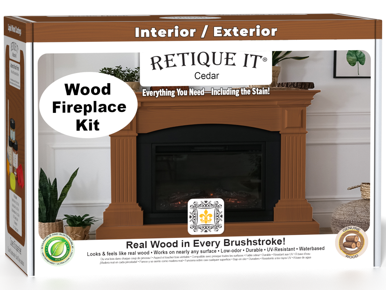 Retique It® Fireplace Wood'n Finish Kit in cedar for full fireplaces, featuring stain bottles and application tools in packaging.