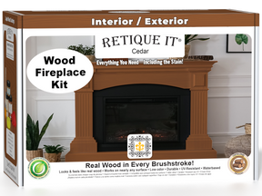 Retique It® Fireplace Wood'n Finish Kit in cedar for full fireplaces, featuring stain bottles and application tools in packaging.