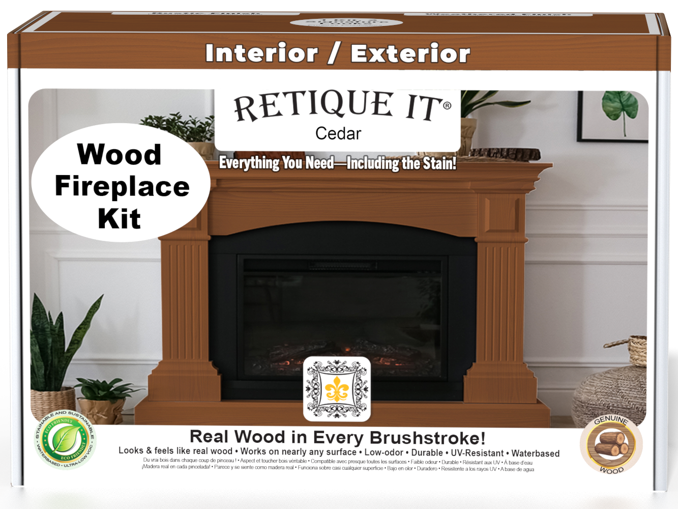 Retique It® Fireplace Wood'n Finish Kit in cedar stain, full fireplace with woodgrain appearance and stain application tools.