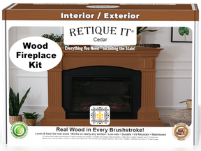 Retique It® Fireplace Wood'n Finish Kit in cedar stain, full fireplace with woodgrain appearance and stain application tools.