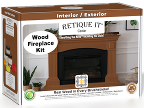 Retique It® Fireplace Wood'n Finish Kit in cedar stain showing a complete fireplace with wood finish in a natural cedar color.