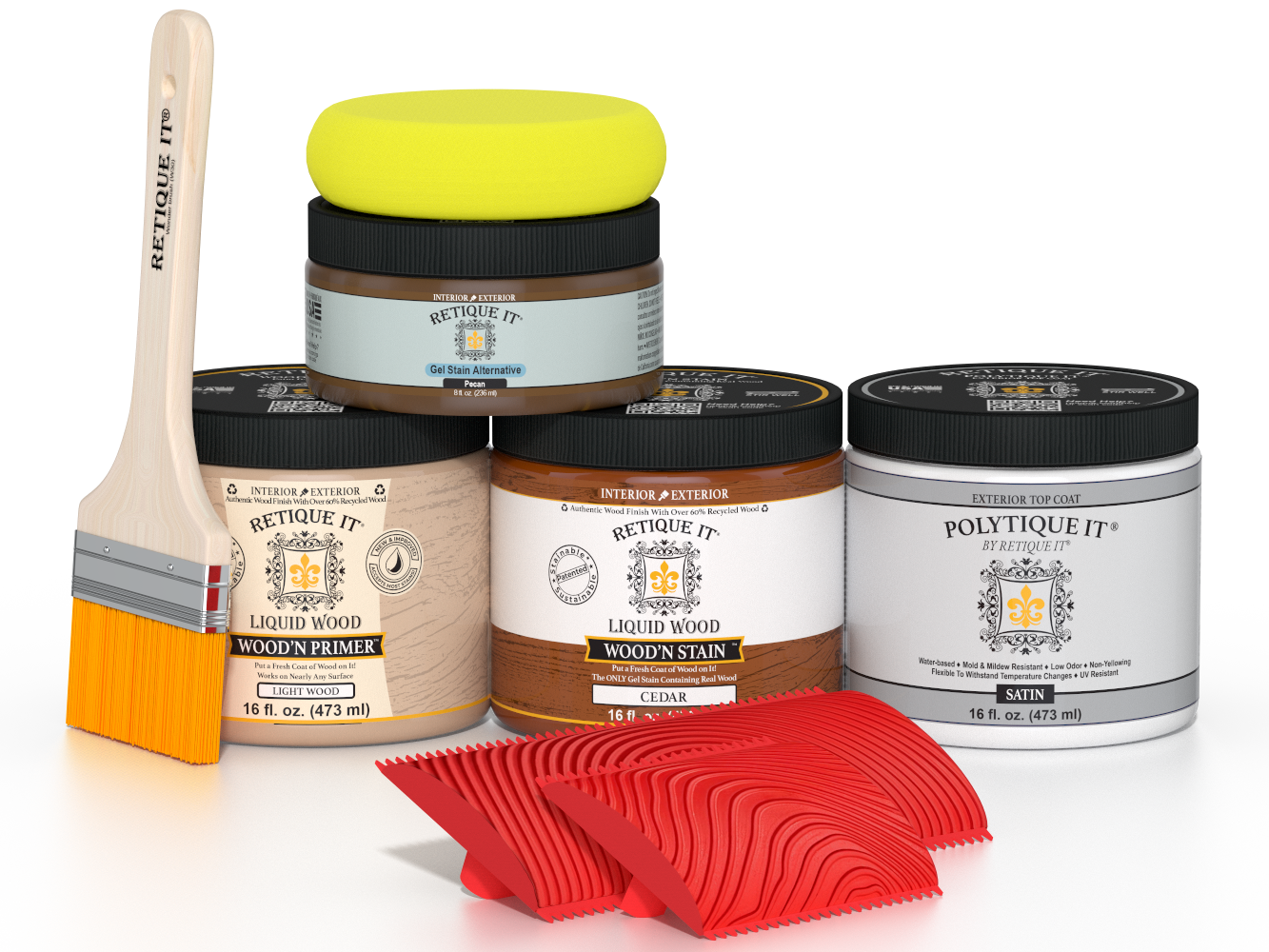 Retique It® Wood'n Kit in cedar finish for exterior wood, featuring satin top coat and multiple application options.
