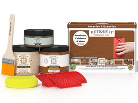 Multi-purpose Cedar Wood'n Finish Kit by Retique It with various finishing products for wood furniture and projects.