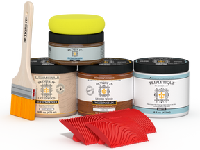 Retique It® cedar stain countertop kit for kitchen islands, featuring natural wood finish and stain application tools.