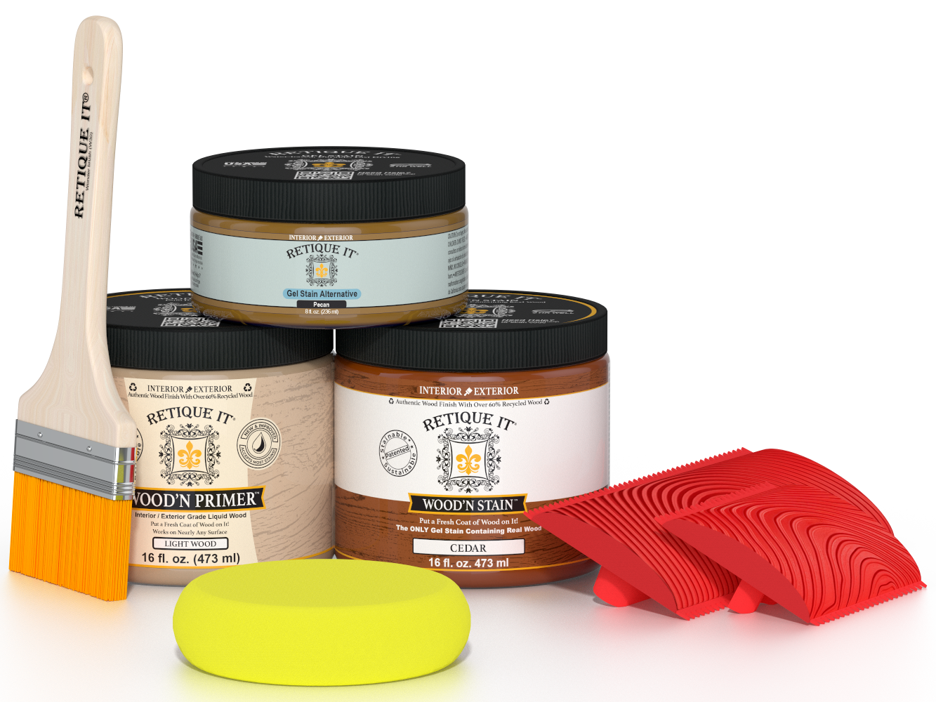 Retique It® Fireplace Wood'n Finish Kit in cedar, a stain set for full fireplace restoration, showcasing wood stain and finishing tools.