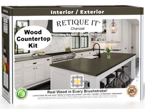 Retique It® charcoal countertop kit for kitchen islands, featuring stain samples and application tools for stylish home upgrades.