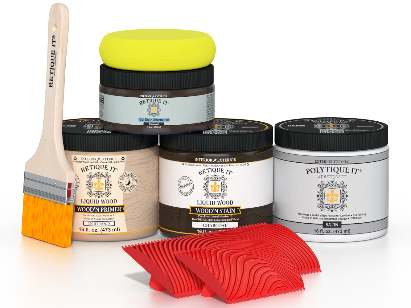 Retique It® Wood'n Kit Medium Charcoal exterior top coat with satin finish, includes wood finish products for outdoor projects.