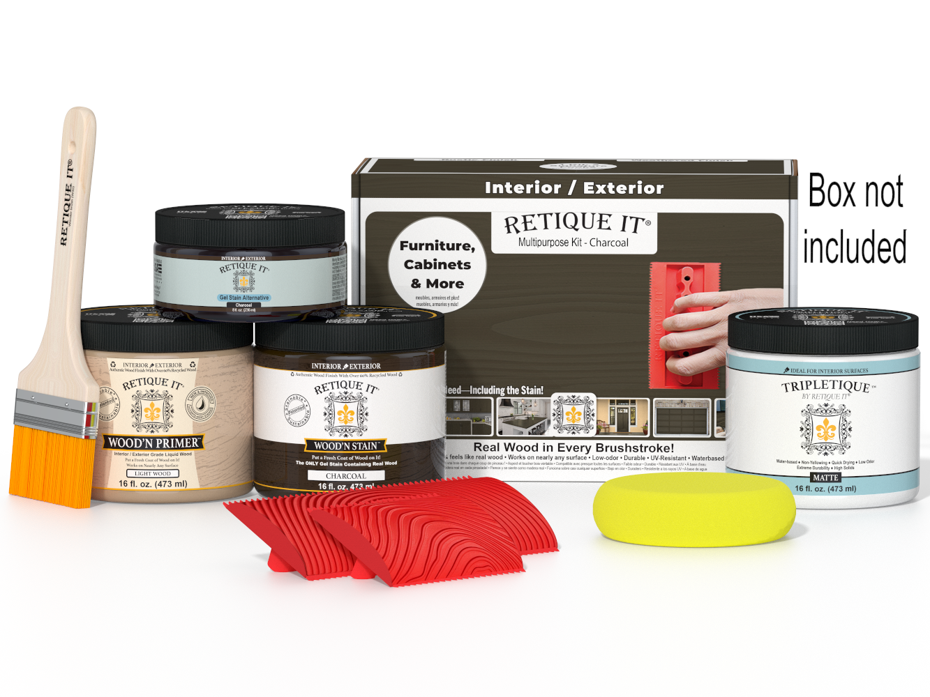Retique It® Wood'n Finish Kit in Charcoal for interior wood projects, includes top coat and application tools in a compact box.
