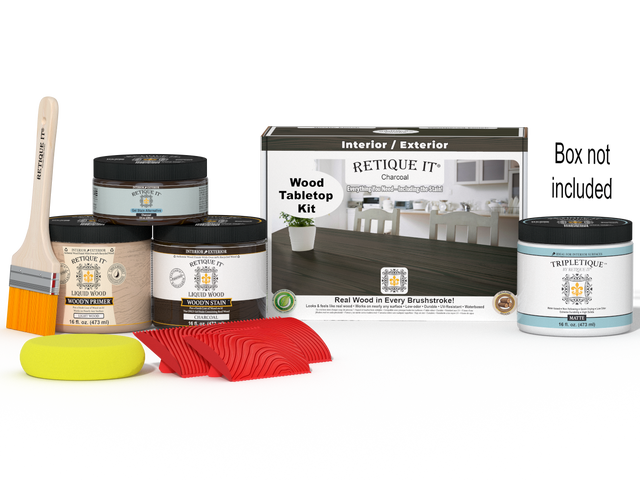 Retique It Wood'n Finish Kit Double Size in Charcoal for tabletops, includes stain bottles and application tools.